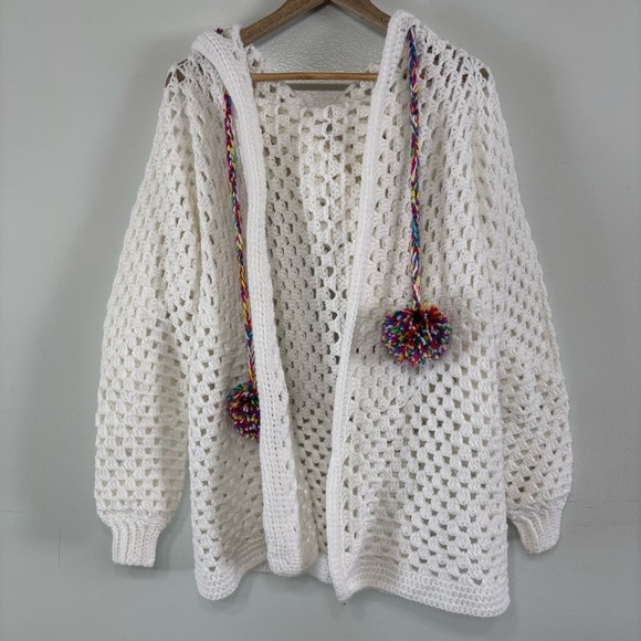Handmade Chunky Crochet Rainbow PomPom Hooded Open Cardigan OS - Picture 1 of 3